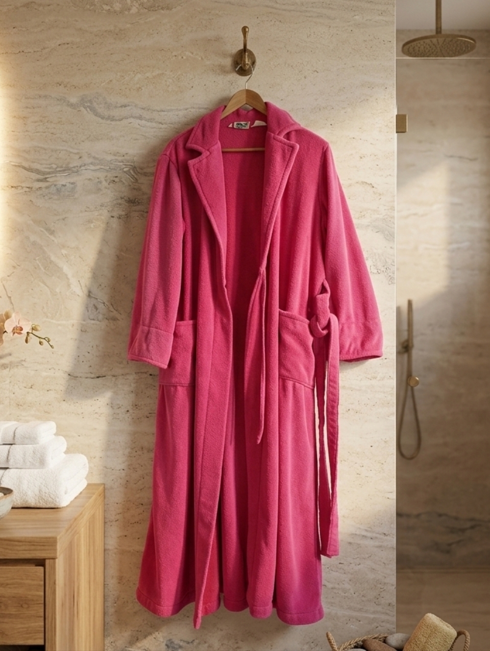 Saybury Vintage Hot Pink Barbiecore One Size Thick Long Robe with Tie Waist Belt